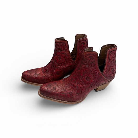 myra Shoes - Myra Floral Embossed Leather Western Booties | Red | Size 7